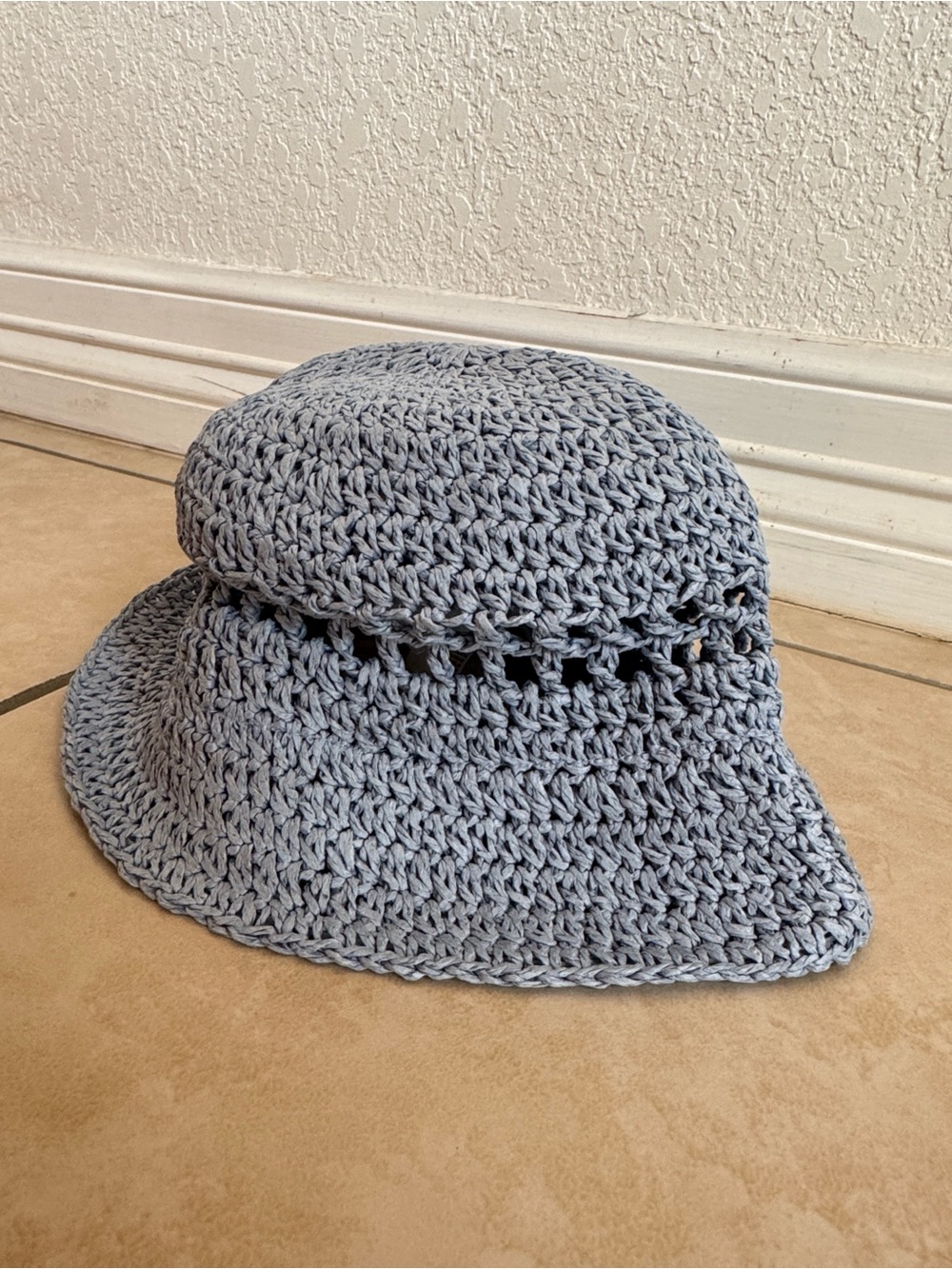 H&M Light Blue Straw-like Crochet Bucket Hat - Women's Summer Accessory